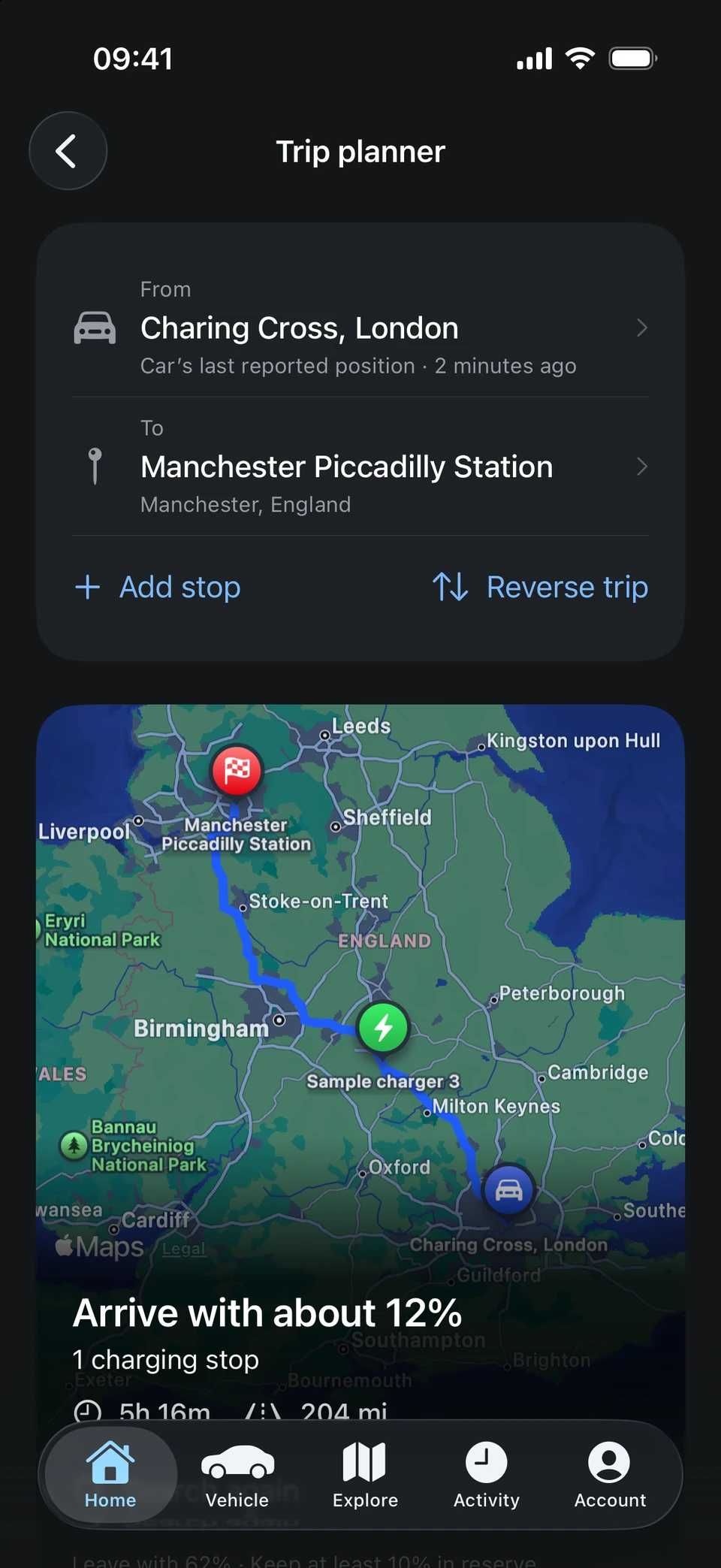 Sample journey from London to Manchester with a charging stop in QuietDrive's trip planner